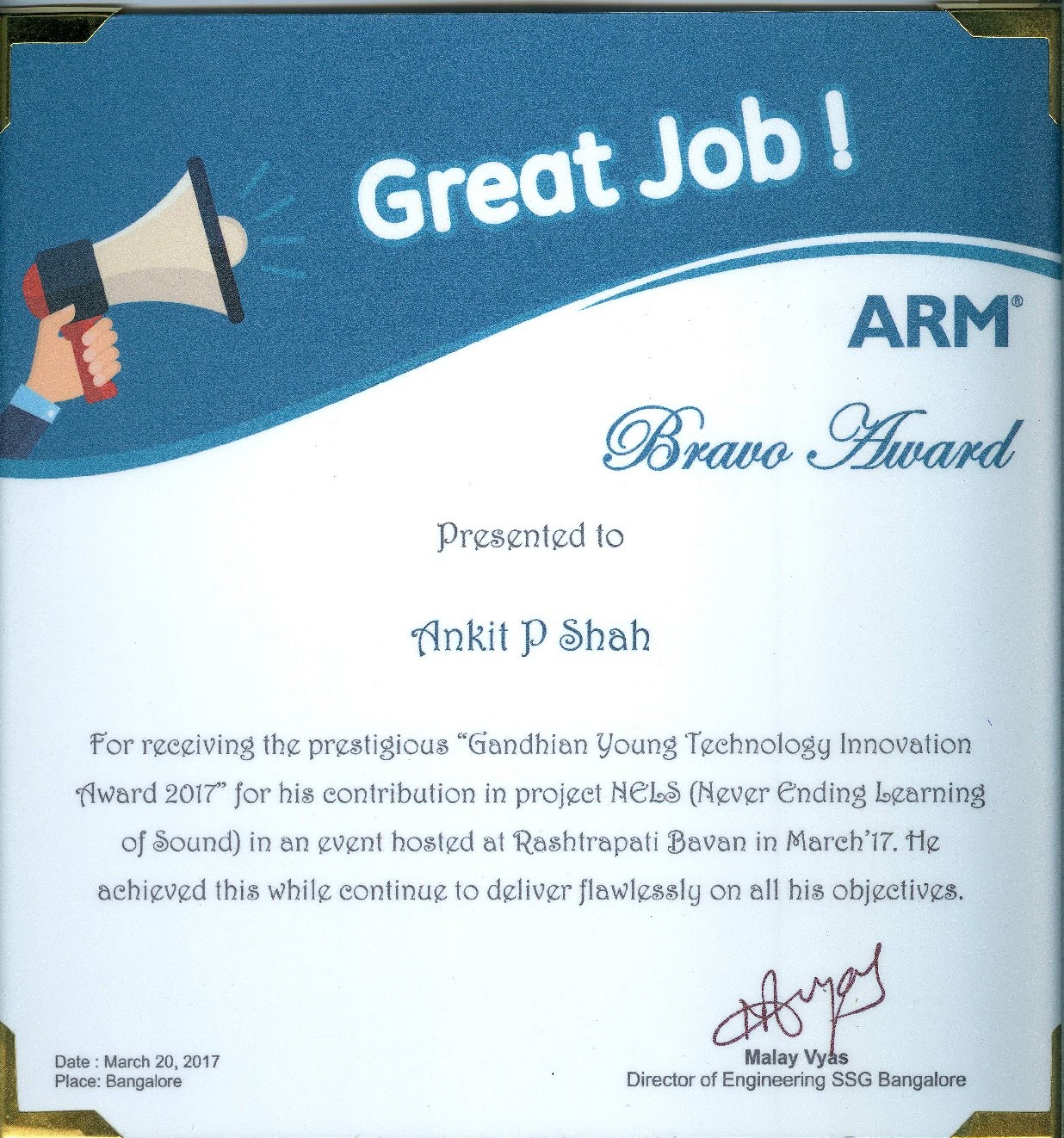 ARM Bravo Award 2017 Certificate
