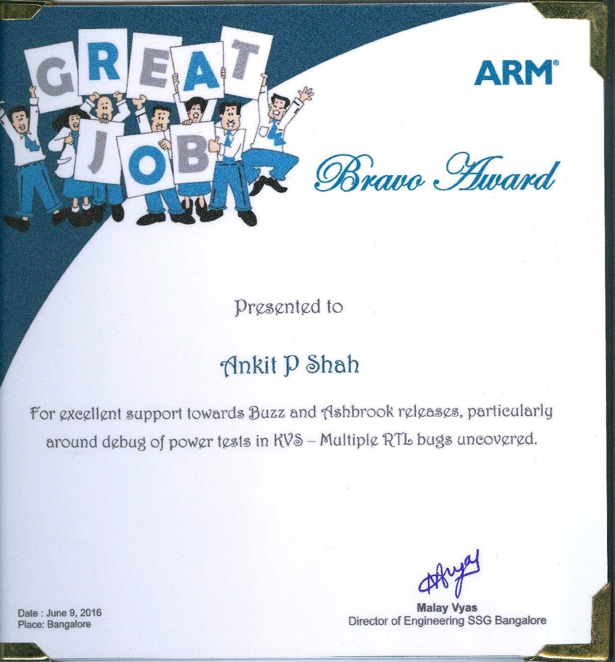 ARM Bravo Award 2016 Certificate