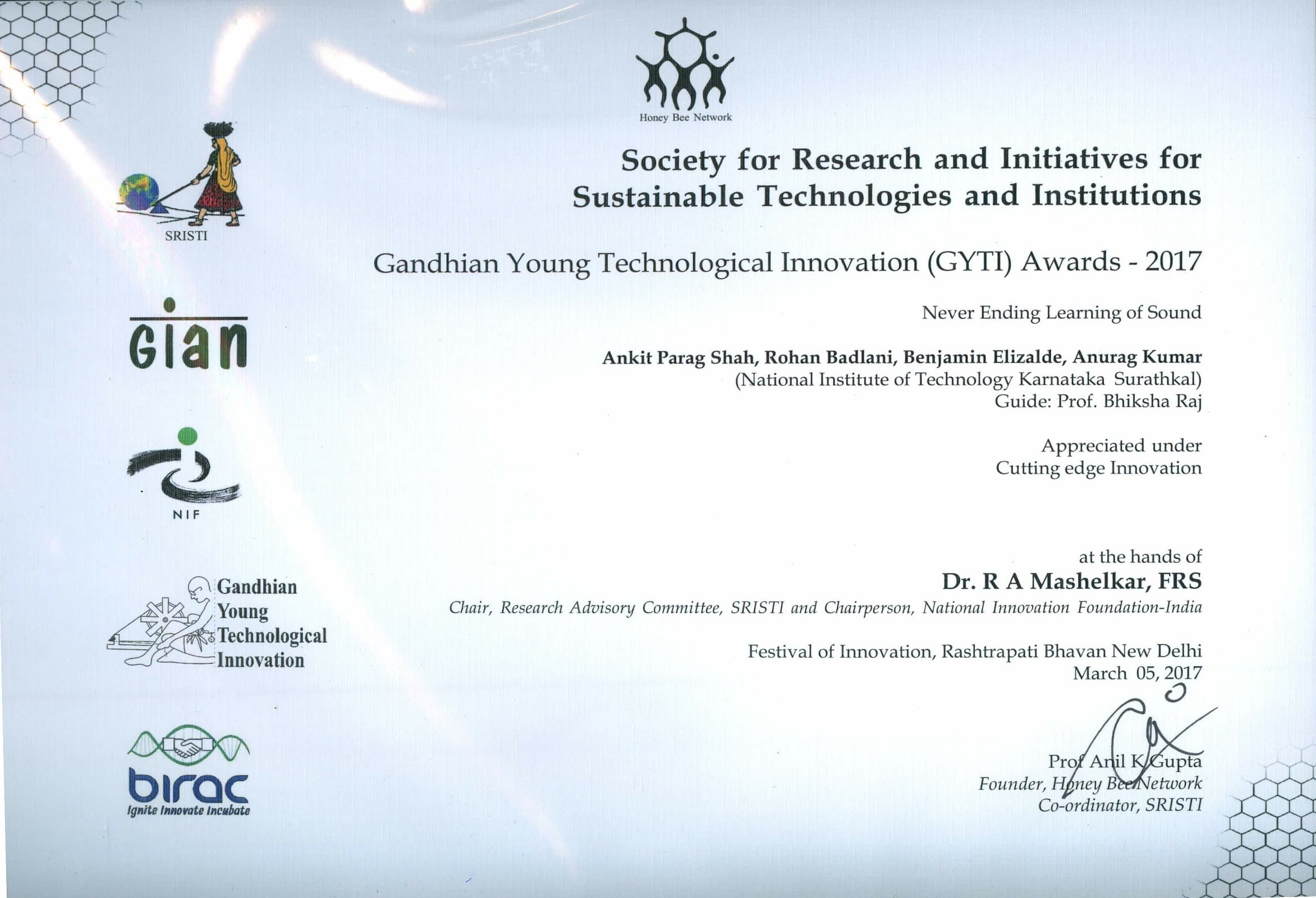 Gandhian Young Technological Innovation Award 2017 Certificate