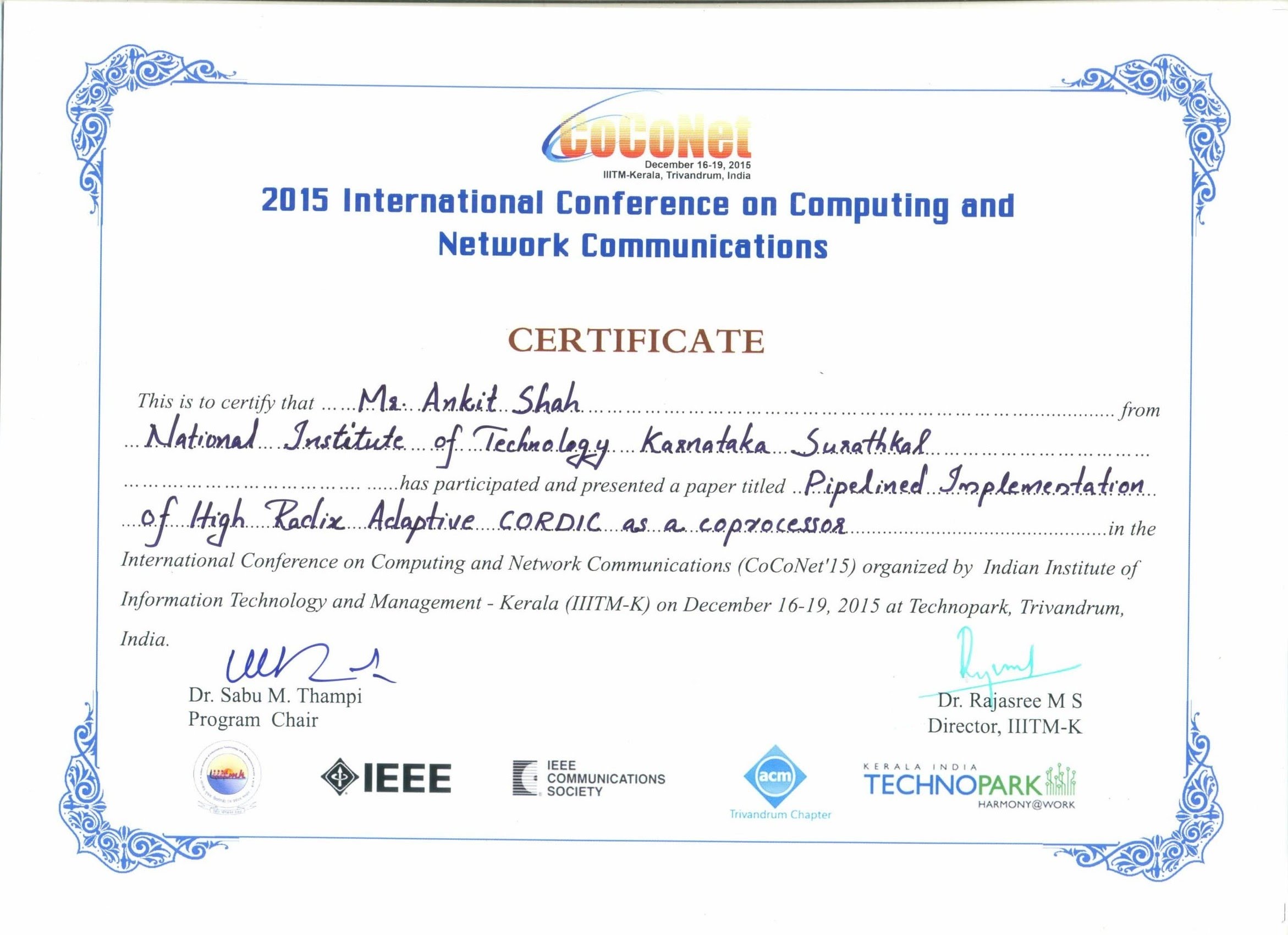 IEEE CoCoNet 2015 Certificate
